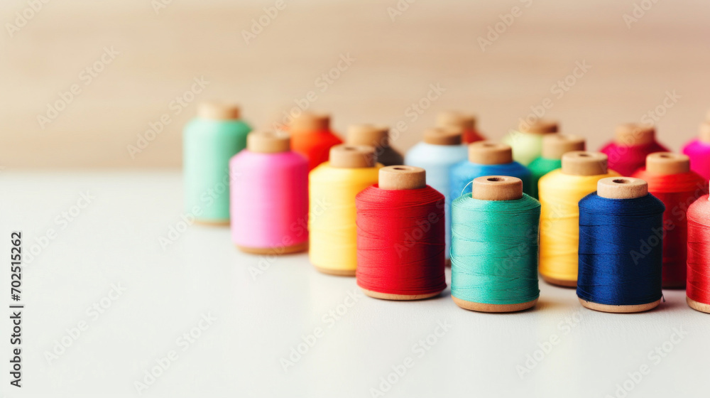 A collection of colorful threads on wooden spools arranged neatly, showcasing a rainbow of possibilities for crafts and sewing. A collection of colorful threads on wooden spools arranged neatly, showcasing a rainbow of possibilities for crafts and sewing.