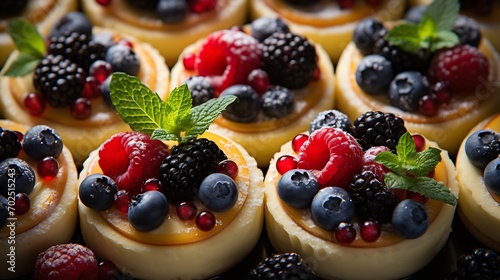 Top view of homemade vanilla custard tarts topped with rasperries and blueberries. : Generative AI