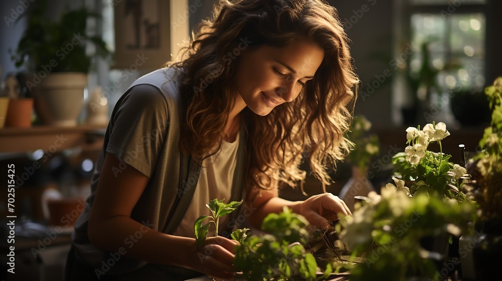 Woman examining potted plant in kitchen at home : Generative AI Woman examining potted plant in kitchen at home : Generative AI
