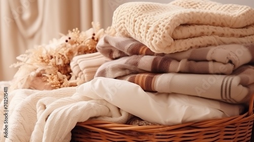 Pile of cozy light knitted clothes and blankets for cold weather. Comfort organic sweaters and plaids. Hygge style idea : Generative AI