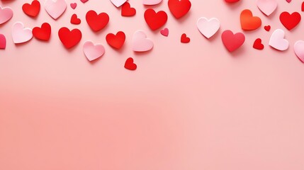 Valentines day flat lay. Stylish pink and red hearts composition on pink paper background. Happy Valentine's day! Modern cute valentine hearts cutouts. Creative love background : Generative AI