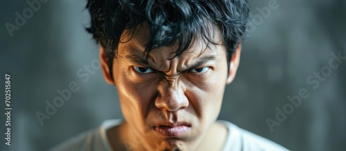 Angry Asian man with white skin, shirt, black hair, adult age. photo