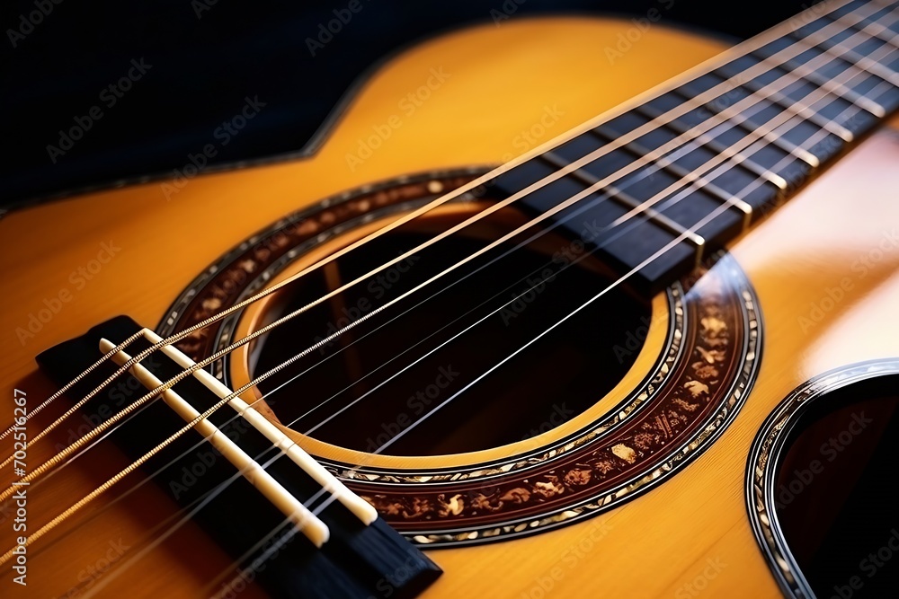 Fototapeta premium Musical instrument acoustic guitar with strings selective focus close-up : Generative AI