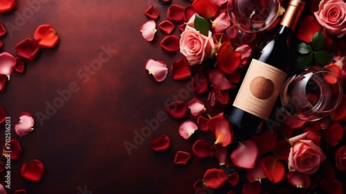 Valentines wine and rose,heart background : Generative AI photo