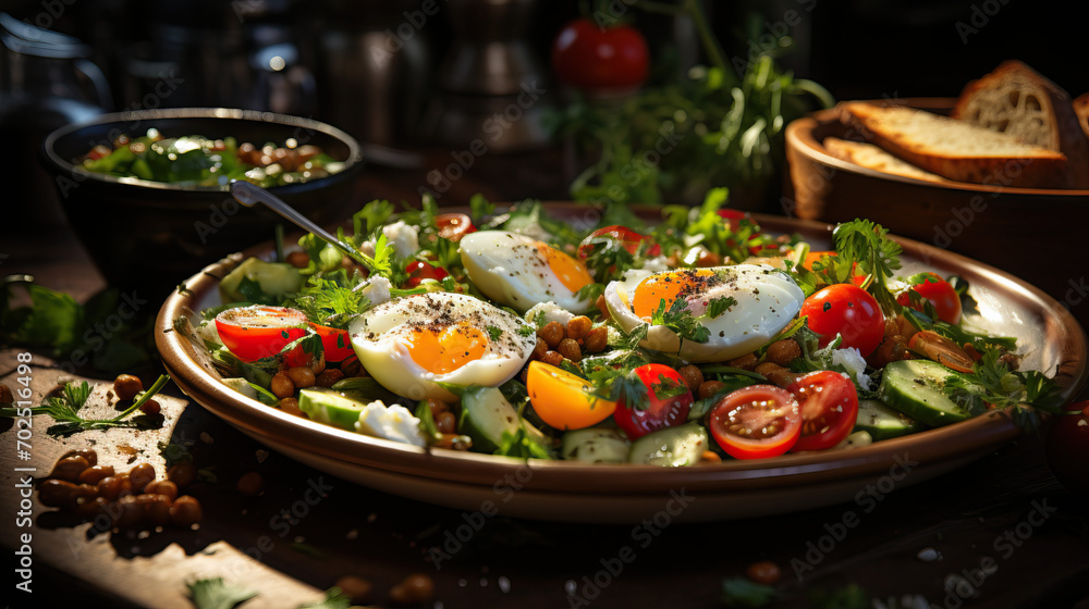 A Healthy Salad Packed with Fresh Vegetables, Chickpeas, and Feta, Topped Off with Delicious Poached Eggs