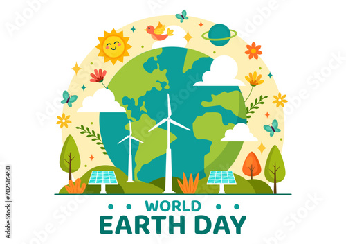 World Earth Day Vector Illustration on April 22 with World Map and Plants or Trees for Greening Awareness in Environment Flat Cartoon Background