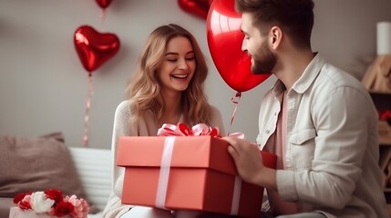 Beautiful young couple at home. Hugging, kissing and enjoying spending time together while celebrating Saint Valentine's Day with gift box in hand and air balloons in shape of heart on : Generative AI