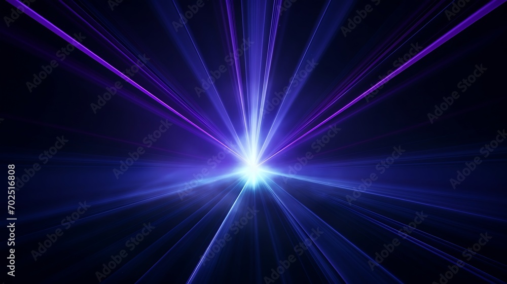 Blue and violet beams of bright laser light shining on black background : Generative AI