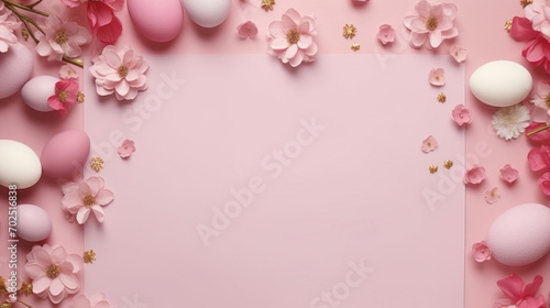A serene Easter themed arrangement with pastel eggs amid vibrant pink flowers on a soft pink background.