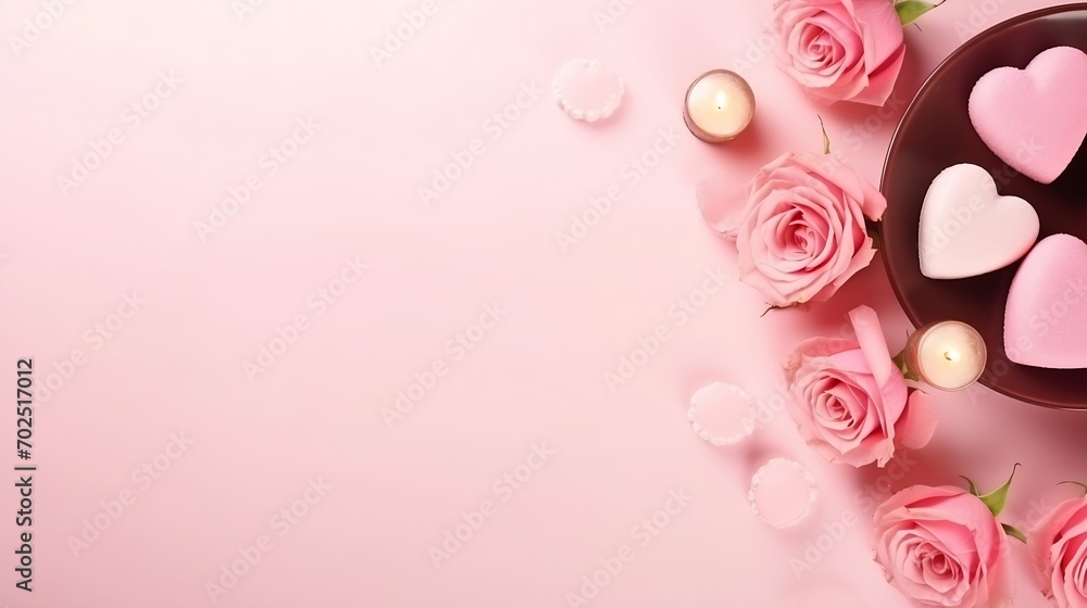 Valentine's Day concept. Top view photo of red roses heart shaped candles and saucer with chocolate candies on isolated pastel pink background with copyspace : Generative AI