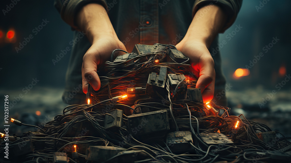 Managing Electronic Waste Hands Holding a Pile of Tangled Old Smart Technology Wires, Used