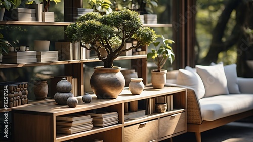 Interior design of living room with wooden console, beautiful composition of plants in different hipster and design pots, books and elegant personal accessories in home garden. : Generative AI photo