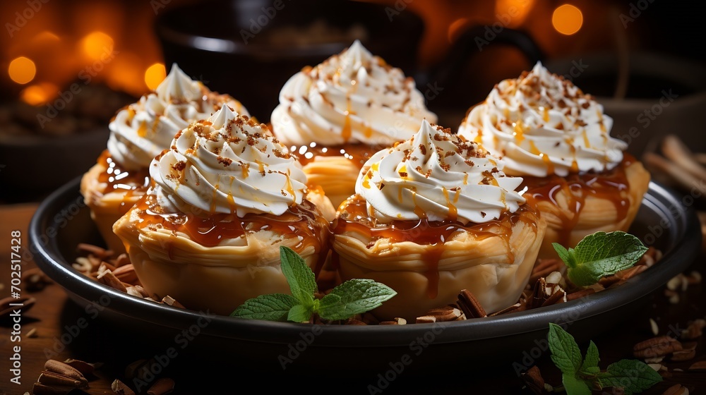Mini pumpkin pies with wipped cream and spices baked in a muffin tin : Generative AI Mini pumpkin pies with wipped cream and spices baked in a muffin tin : Generative AI