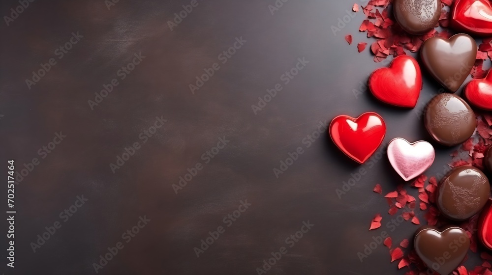 Valentines Day background with chocolates, hearts and red tulips : Generative AI