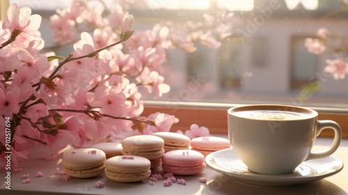 A tranquil still life scene of a cup of coffee and macarons on a windowsill, alongside soft pink flowers in morning light.