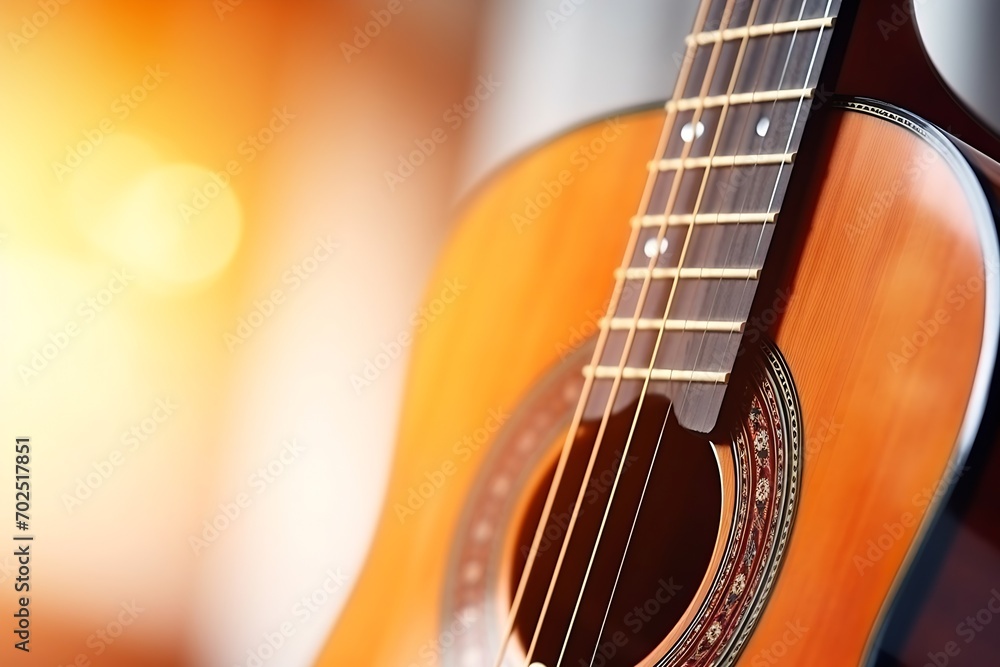 Naklejka premium Musical instrument acoustic guitar with strings selective focus close-up : Generative AI