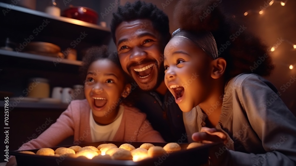 Wow, looks great! Excited caring millennial african dad or grown elder brother watching concentrated small black daughter or younger preteen sister taking pan with self baked tasty muf : Generative AI