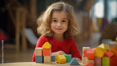 Cheerful young girl playing with a vibrant assortment of building blocks, highlighting the joy of childhood.