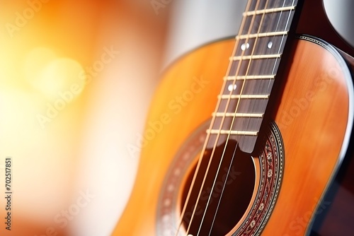 Musical instrument acoustic guitar with strings selective focus close-up : Generative AI