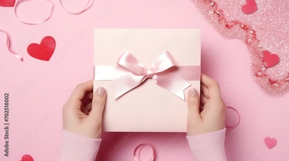 First person top view photo of st valentine's day decor female hands holding pen pink envelope with letter small giftbox and pink silk curly ribbon on isolated pastel pink background w : Generative AI