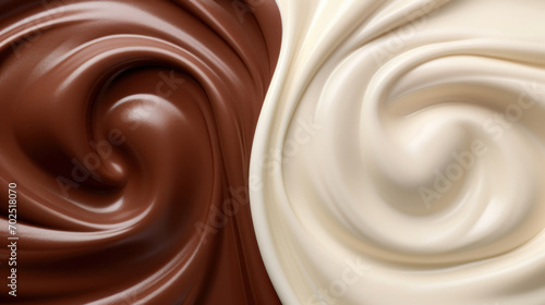 Abstract swirls of chocolate and cream silk, creating a deliciously rich texture reminiscent of melting desserts.