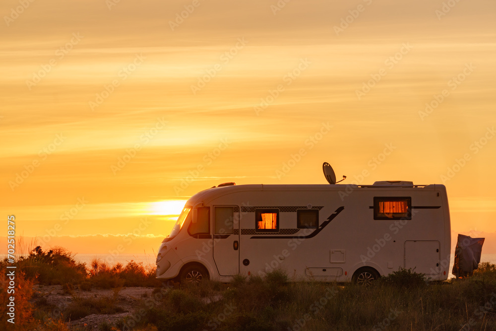 Caravan on nature in the morning at sunrise Caravan on nature in the morning at sunrise
