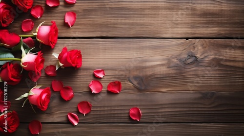 Red roses flowers with red hearts on old wooden background with place for text. Romantic Valentines holidays concept. Valentine's day greeting card. Copy space. Top view. : Generative AI