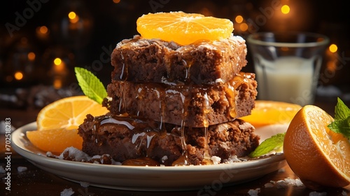 Composition of little stack of tasty sweet brownie yellow and orange background : Generative AI