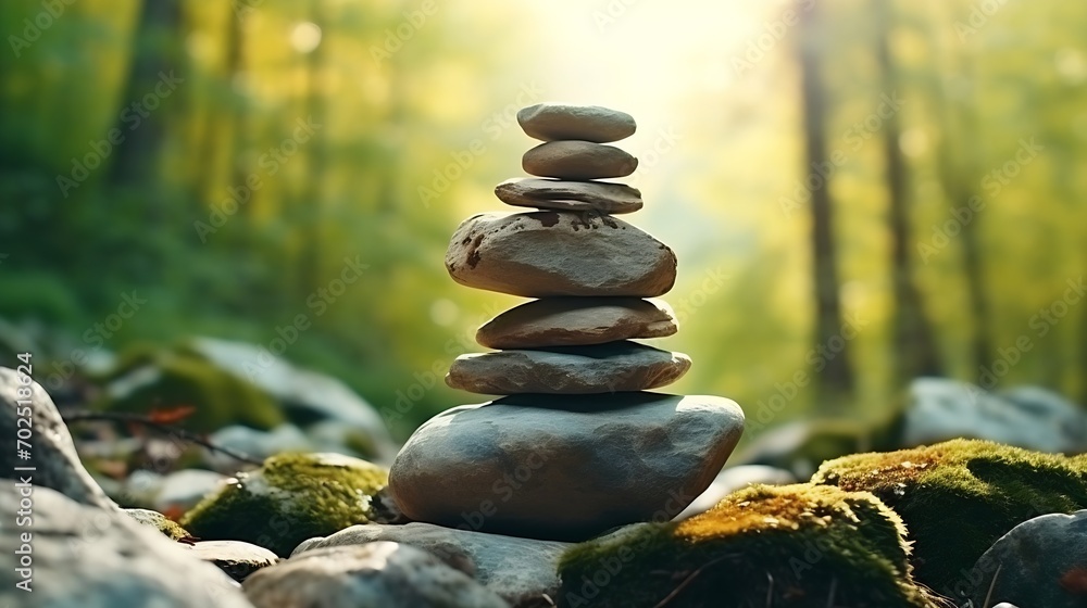 soft focus, Close-up of a stack of stones in perfect balance in a mountain forest. Rock pyramid, rock balancing art. Meditation, balance, peace. Hobby. : Generative AI