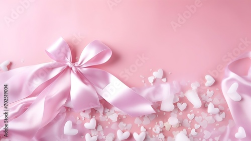 Holiday pink background with gift  white satin bow  ribbon. Valentine s Day  Happy Women s Day  Mother s Day  Birthday  Wedding  Christmas. space for text  banner  flyer   Generative AI