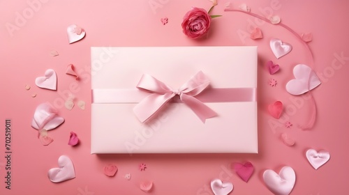 First person top view photo of st valentine's day decor female hands holding pen pink envelope with letter small giftbox and pink silk curly ribbon on isolated pastel pink background w : Generative AI © Generative AI