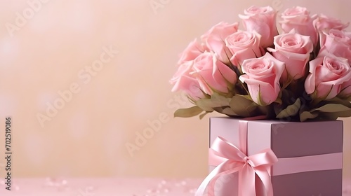 Beautiful bouquet flowers pink roses in vase and gift box with satin bow on pastel pink background table. Birthday, Wedding, Mother's Day, Valentine's day, Women's Day. Front view : Generative AI