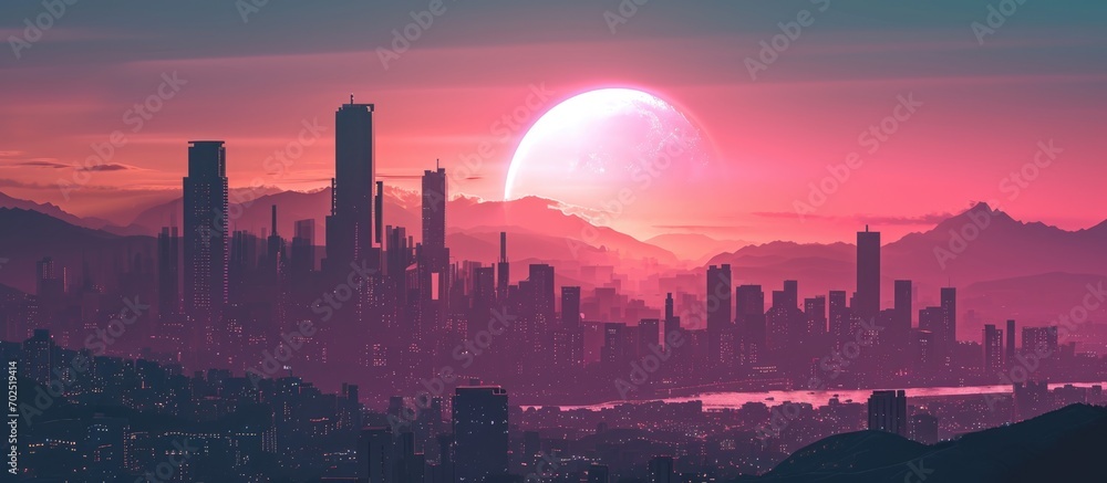 Moon and gradient sunset hug city skyline