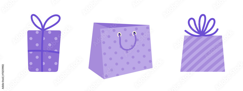 Gift boxes and paper bag, vector icon set. Bright closed presents with bow, ribbon, handles. Containers are packed in wrapping paper with polka dots, striped. Purple packet for a gift, shopping, prize