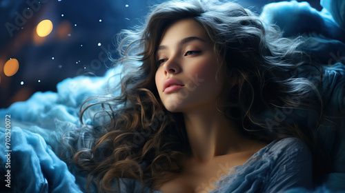 Young Woman Sleeping Among the Stars in a Dreamy Fantasy, with the Blue Northern Lights and Sparkling Shine Adding to the Magical Atmosphere of Her Dreams