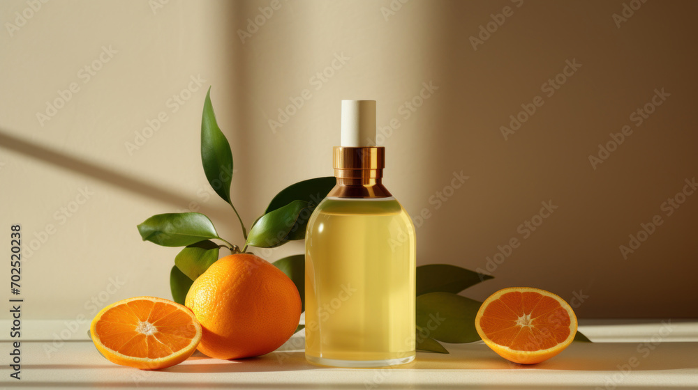 A clear bottle of citrus essential oil with fresh oranges and green leaves, casting soft shadows on a neutral background. A clear bottle of citrus essential oil with fresh oranges and green leaves, casting soft shadows on a neutral background.