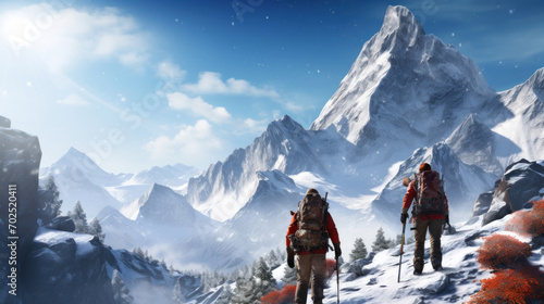 Two hikers with backpacks trekking through a snowy mountain pass with towering peaks under a bright sun. photo