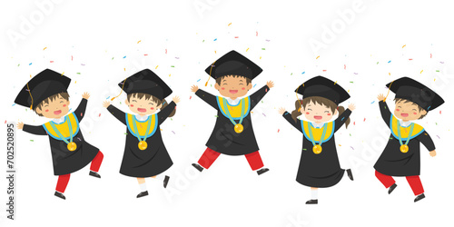Indonesia elementary students graduate from  school character vector. Happy students in graduation hat and gown jumping happily celebrating.