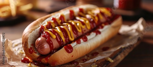 Horizontal photo of a hotdog and ketchup sandwich. photo