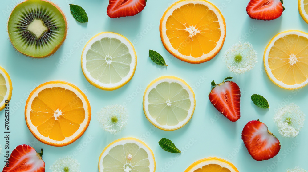 A vibrant flat lay of citrus fruits and strawberries with fresh mint leaves on a pastel turquoise background, capturing the essence of summer freshness. A vibrant flat lay of citrus fruits and strawberries with fresh mint leaves on a pastel turquoise background, capturing the essence of summer freshness.