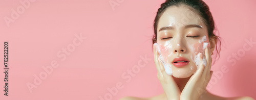 Beauty Asian women cleansing face with foam