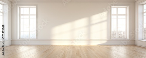 Empty white room with white wall, wooden floor and big window. Studio or office blank space. Empty template for interior product. Background for branding design showcase with copy space photo