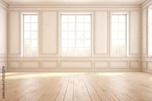 Empty white room with white wall, wooden floor and big window. Studio or office blank space. Empty template for interior product. Background for branding design showcase with copy space © ratatosk