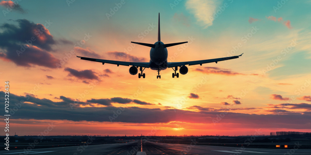 An airplane coming in to land at an airport. Golden hour. Air travel and holiday vacations. An airplane coming in to land at an airport. Golden hour. Air travel and holiday vacations.