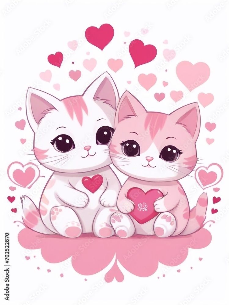 Beautiful Happy Valentine's Day holiday art, greeting card design with two cute kawaii cartoon cats in love with hearts backgroung. Cats couple in love with valentines hearts design