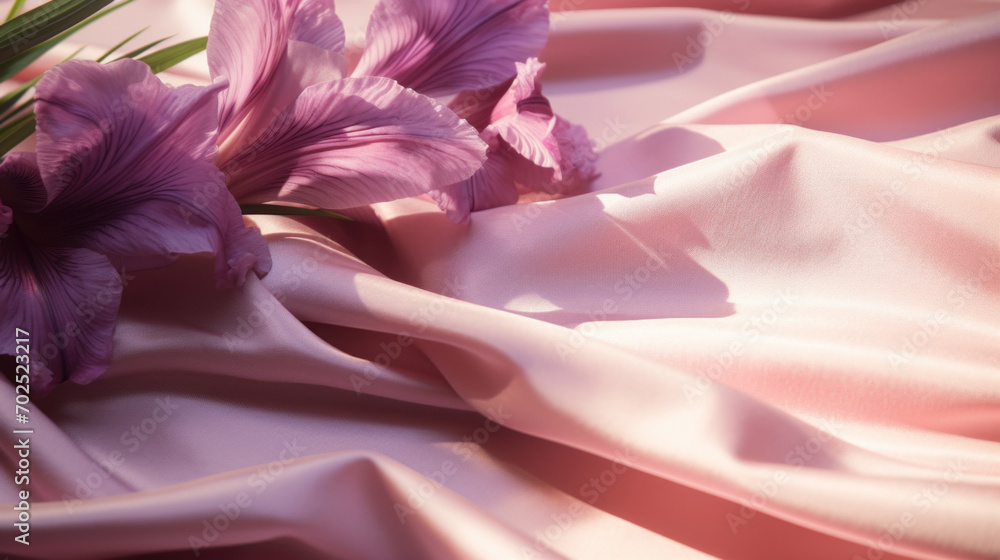 Soft pink gladiolus flowers rest gently upon a draped silk fabric, creating an air of romantic delicacy and grace.