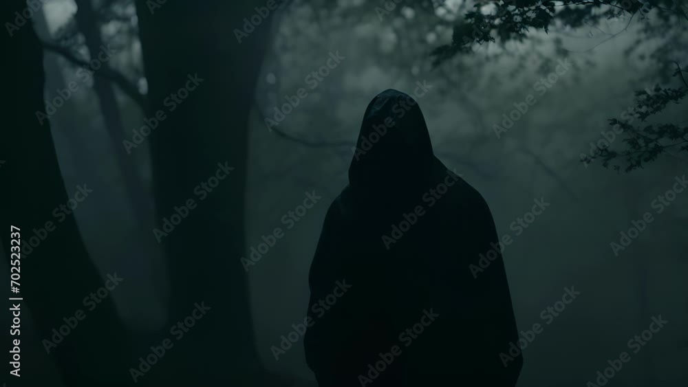 A hooded figure shrouded in an eerie mist watching from the shadows of a haunted forest. A hooded figure shrouded in an eerie mist watching from the shadows of a haunted forest.