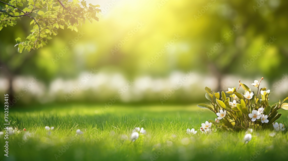 Sunlight filters through the leaves, illuminating delicate white spring flowers nestled in vibrant green grass.