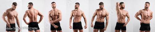 Muscular man in stylish black underwear on white background, collection of photos