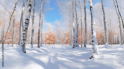 Snow blankets the ground in a birch forest, with trees displaying a striking contrast between white snow and warm autumn leaves.